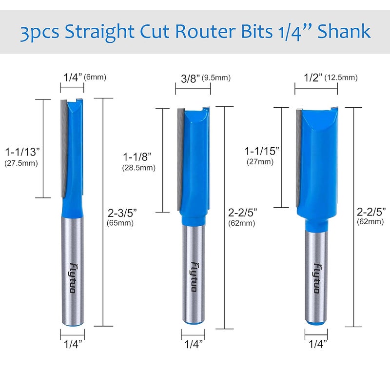 Flytuo Straight Dado Cut Router Bit 1/4 Shank, 3PCS Double Flute Plywood Straight Cut Router Bit Set for Create Groove, Dado with Diameter 1/4", 3/8", 1/2" - Image 2